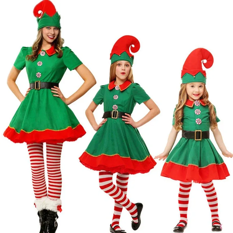 Disfraz de Papá Noel de Navidad, disfraz de elfo verde, fiesta de carnaval familiar, vestido elegante de Año Nuevo, conjunto de ropa para hombres, mujeres, niñas y niños