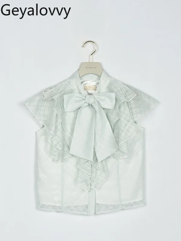 2025 nuevo estilo japonés blusas de Color sólido a cuadros borde con volantes con cordones cárdigan con lazo Top para mujer camisa blanca versátil para ir al trabajo