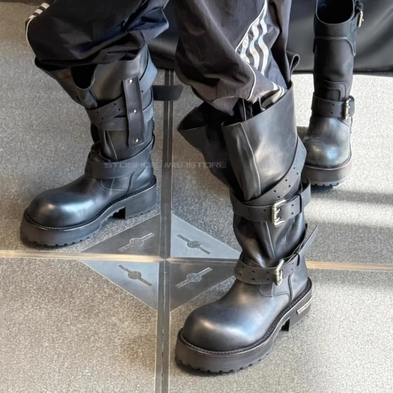 Belt Buckle Motorcycle Long Boots for Men and Women Retro Vintage Fashion Knee High Boots Dark Paris Upturned Boots