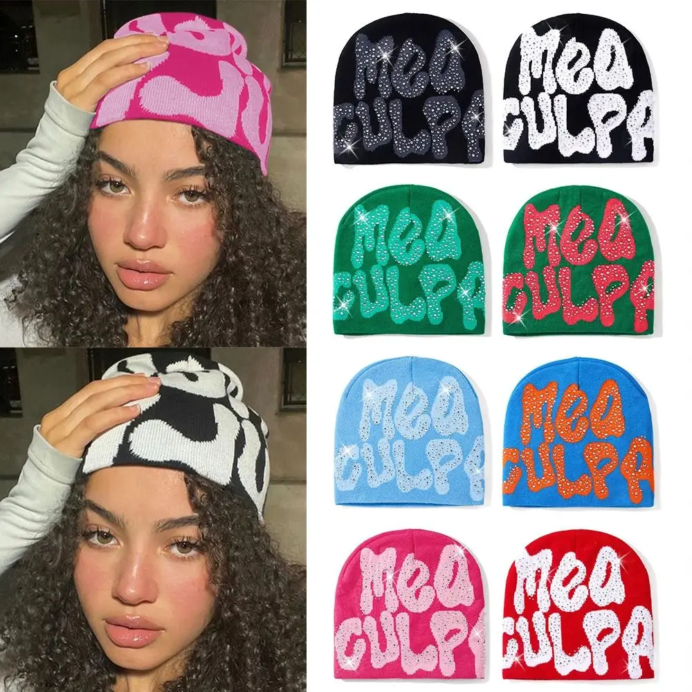 MEA Culpa Beanies Hat with Rhinestone for Women Men, y2k Beanies Hats Hip-hop Soft Stretch Warm Knitted Slouchy Cap