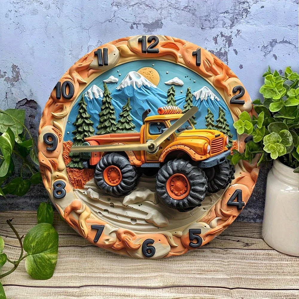 Silent Wall Clock Diy 2D Effects, Monster Truck Theme For Winter Living Room Decor, Perfect For Pet Lovers & Graduation Season