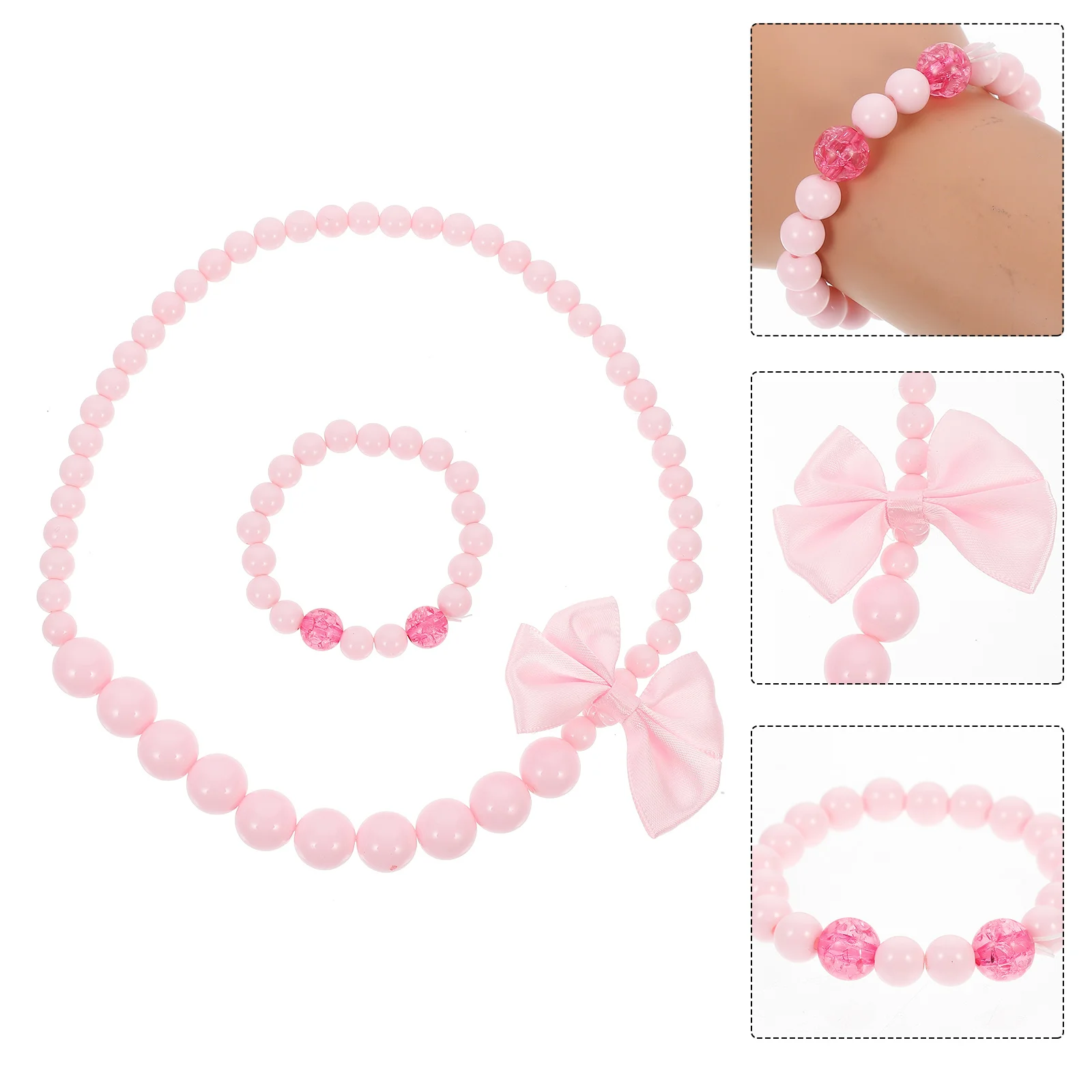 Naszyjnik z kokardką, zdobiony koralikami, różowo-czerwony, gładka tekstura, bezwadne wykonanie, bardzo mocna nitka, wygodna biżuteria dla dzieci.