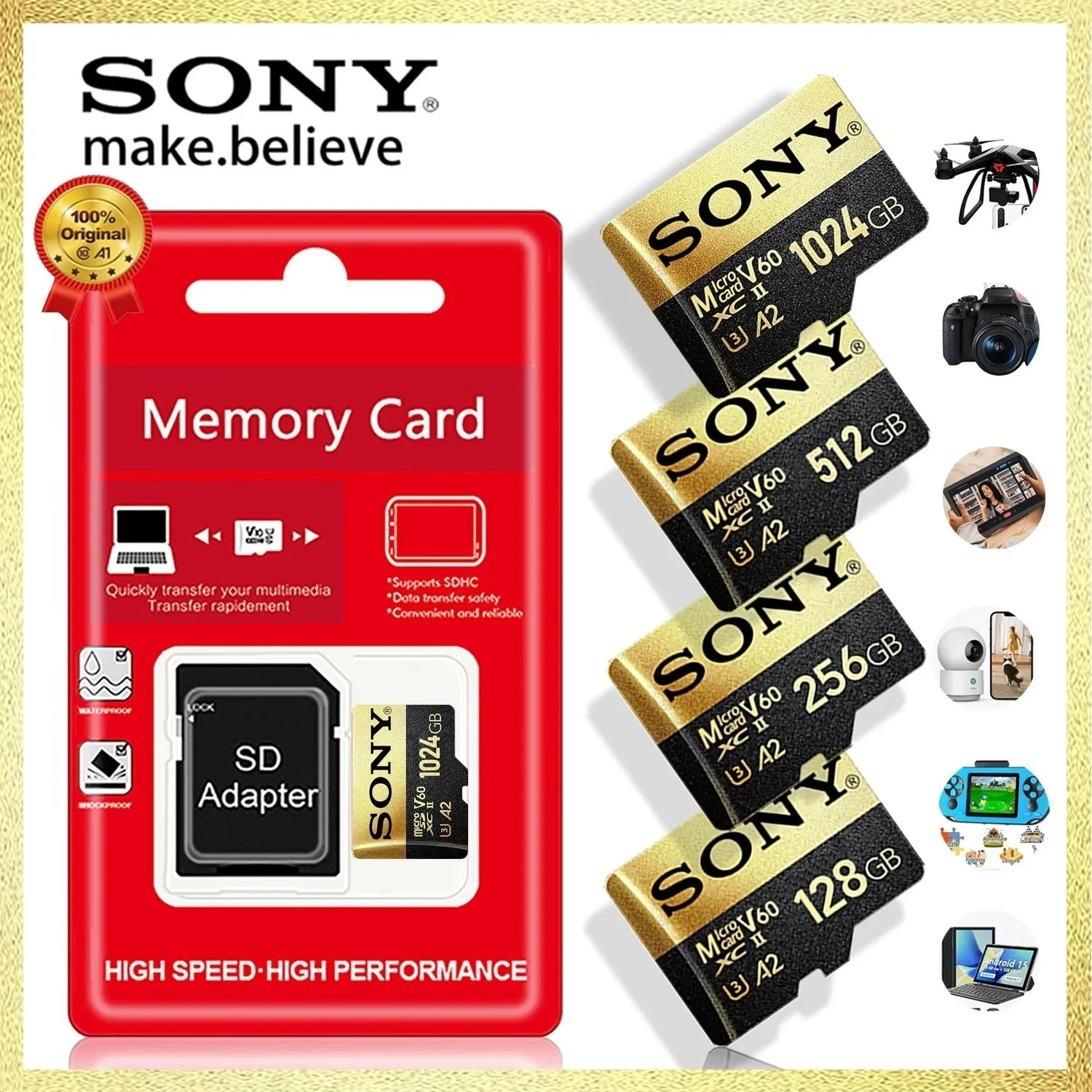 Cartão de Memória Original Sony Micro TF SD 1TB 512GB 256GB 128GB 64GB de alta velocidade U3 V60 para Telefone e Câmera