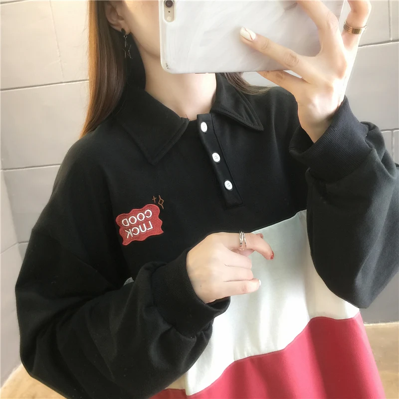 女性用長袖Tシャツ,ボタン付き,対照的な色のルーズセーター,カジュアルな韓国のファッション,カンジュートトップス,春と秋