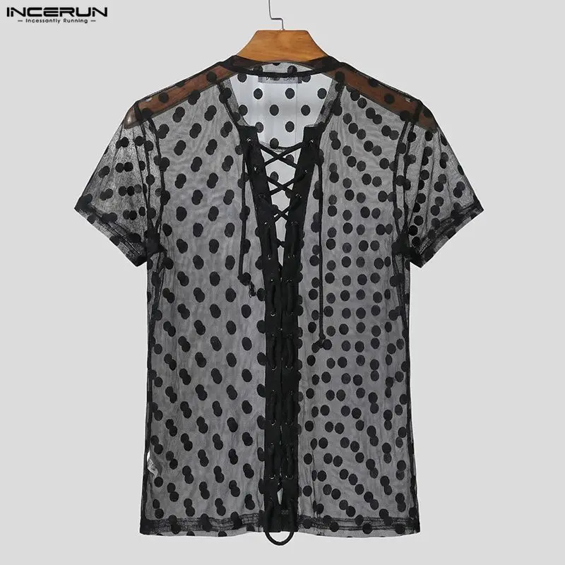 INCERUN Men's T Shirt Mesh See Through Short Sleeve Lace Up Polka Dot Printing Men Clothes Summer Streetwear Fashion Camisetas