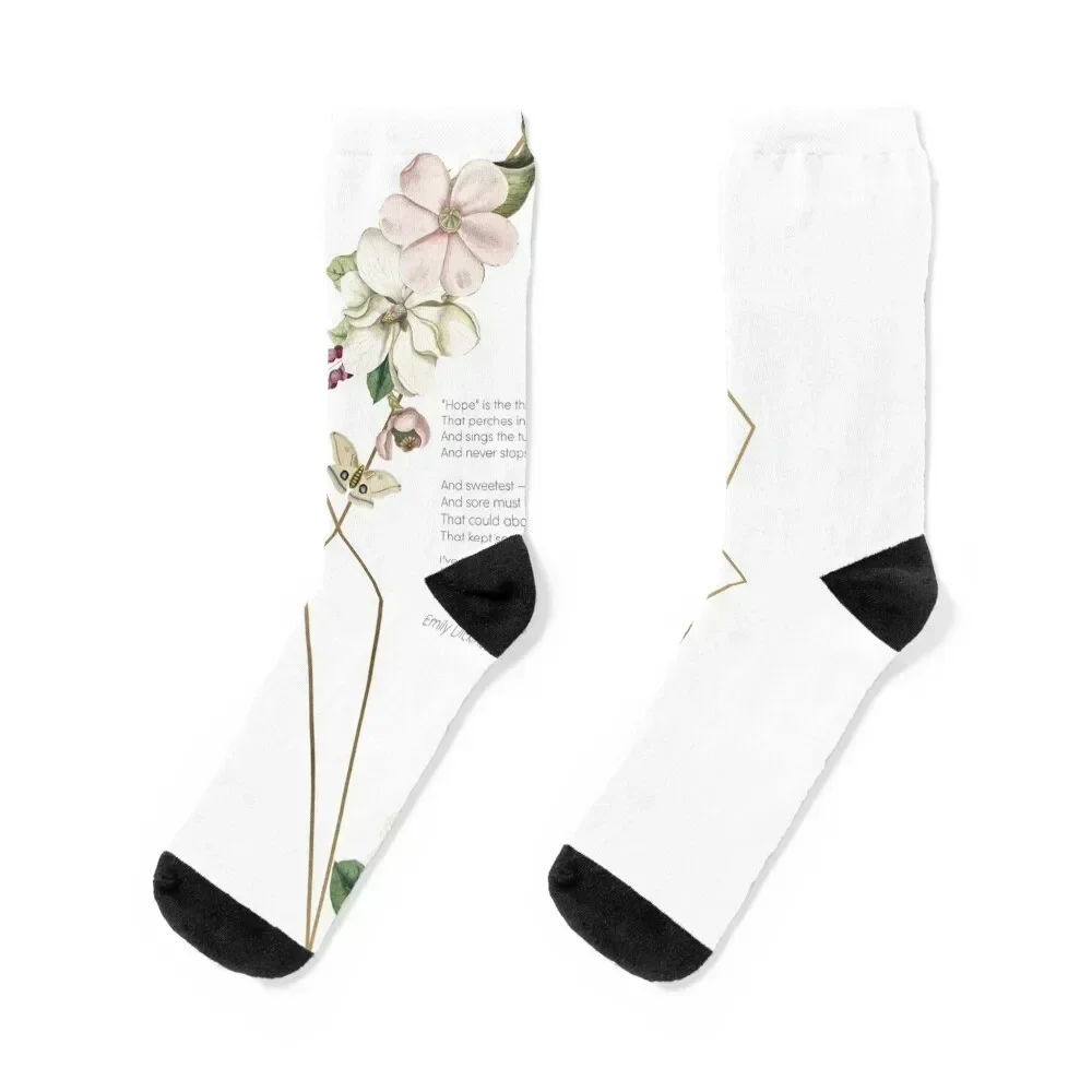 Hope Is The Thing With Feathers - Geometric Floral Emily Dickinson Print Socks new year hiking Socks For Men Women's