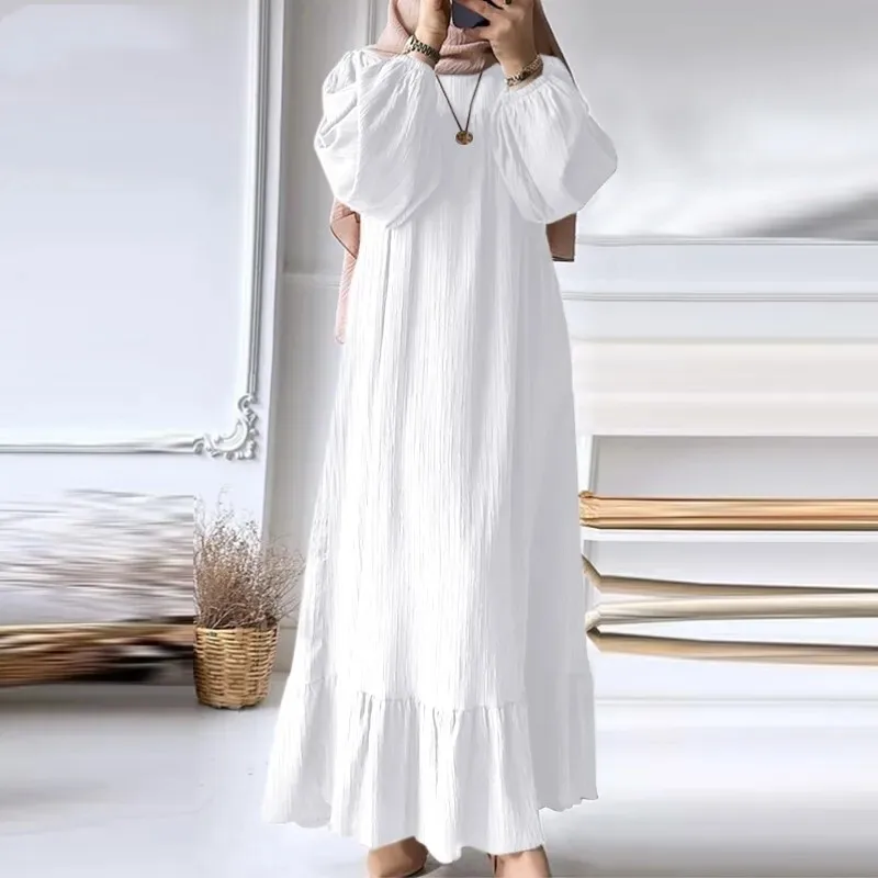 Women's Fashion O-neck Long sleeved Muslim Abaya Dress Solid Ruffle Bottom Sun Skirt