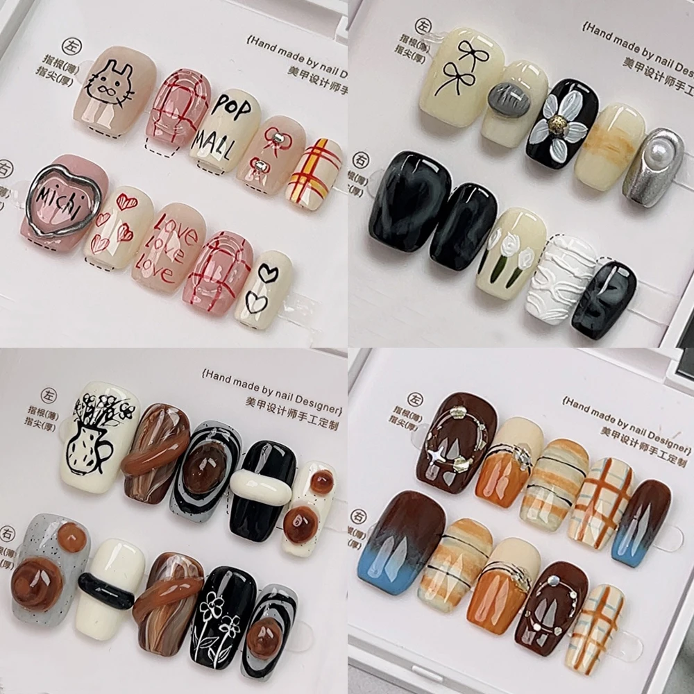 10Pcs Cute Hand Painted Graffiti Wearable Handmade Manicure Autumn Winter Maillard Full Cover Artificial Nail Art for Girls