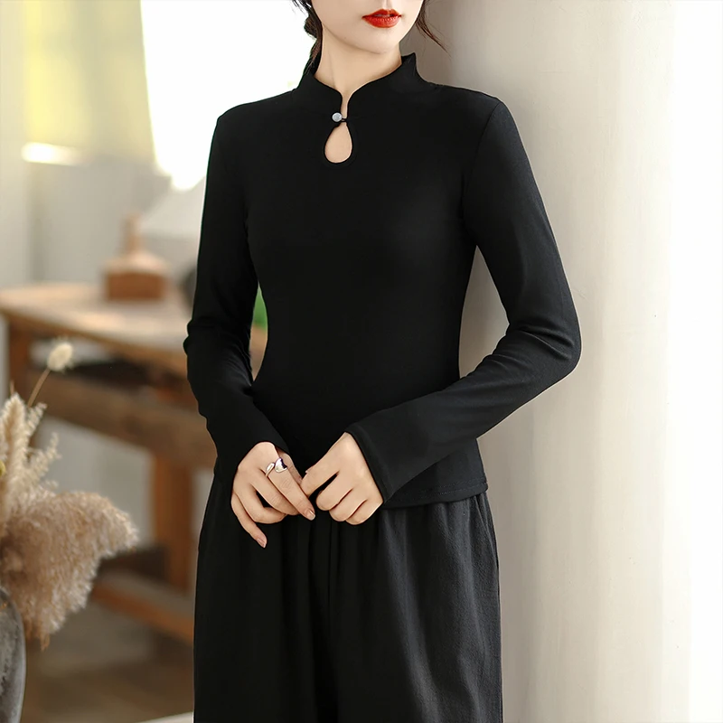 Slim Fit Long Sleeve Chinese Style Women's T-shirt National Fashion Base Shirt Knitted Fabric Polyester Rayon Spandex