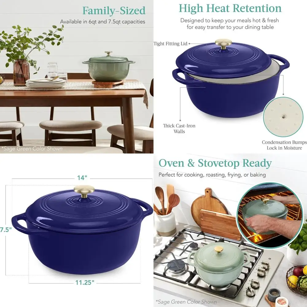 

6 Quart Enamel Cast-Iron Round Dutch Oven, Family Style Heavy-Duty Pre-Seasoned Cookware for Home, Kitchen, Dining Room, Oven Sa