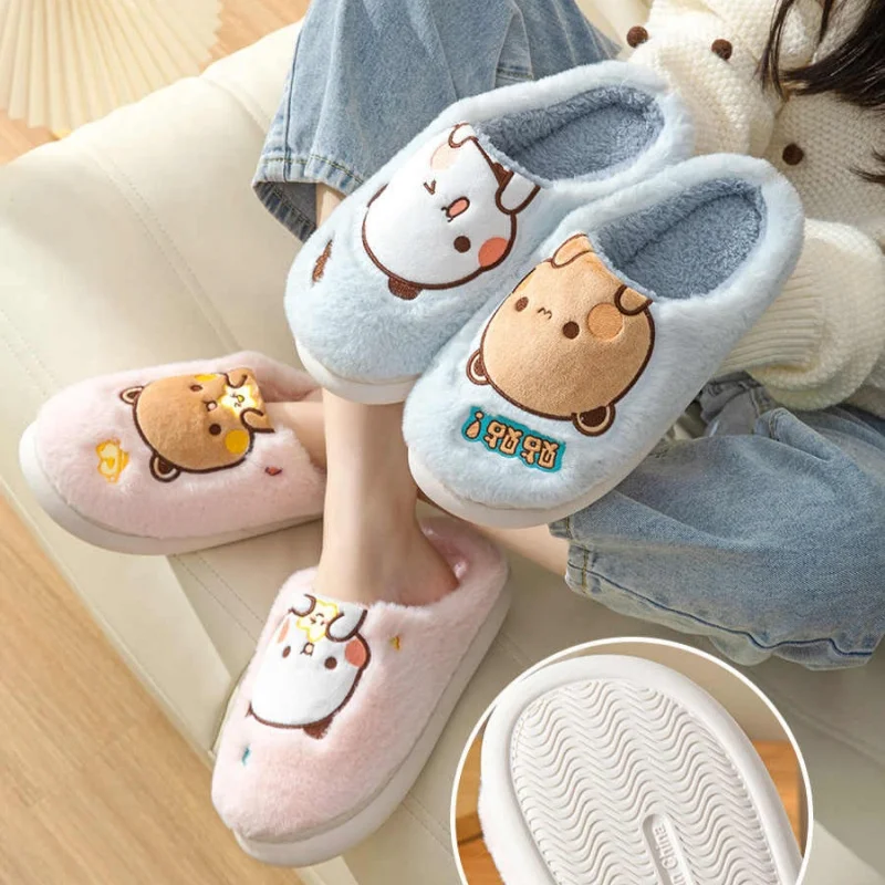 

Плюшевые тапочки с рисунком медведя Bubu Kawaii Yier Bear, аниме, зимняя домашняя уличная противоскользящая обувь для отдыха на толстой подошве, женская обувь Gi