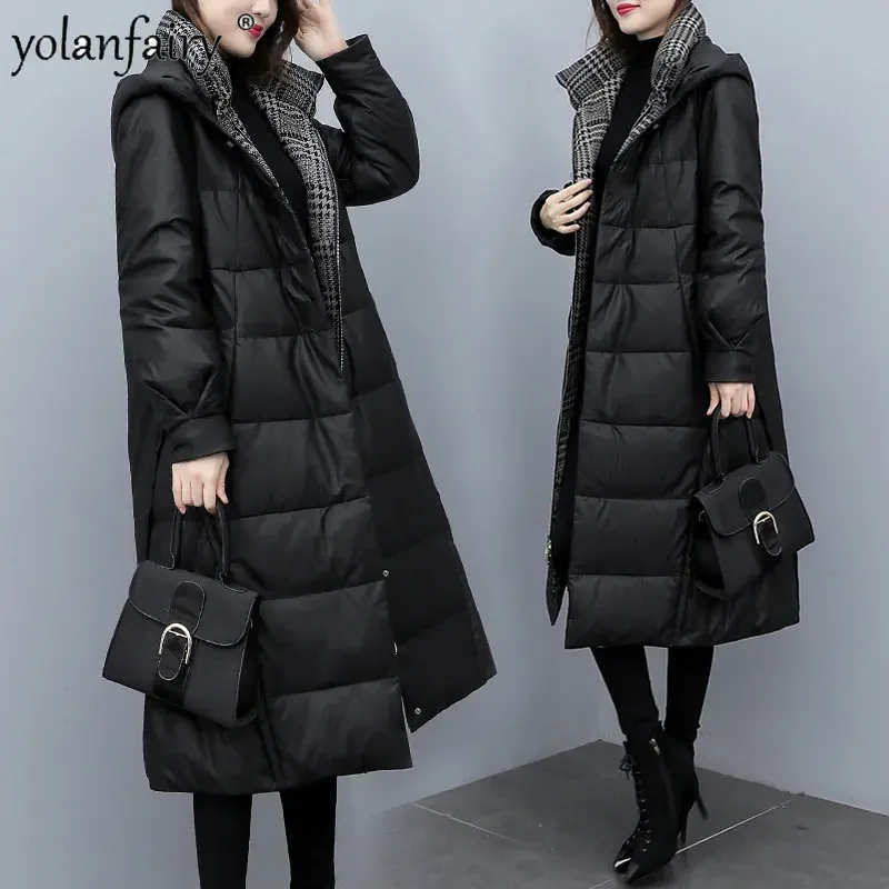 

2022 New Female Winter Coat Women’s Down Jacket Female Real Leather Long Down Jackets Hooded A Korean Fashion Sheepskin Coat FC