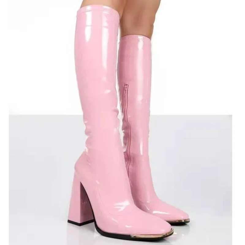

Осень-зима, женские рыцарские высокие сапоги на толстом каблуке, модная обувь из лакированной кожи, уличный стиль, банкетная вечеринка, длинные Botas Mujer