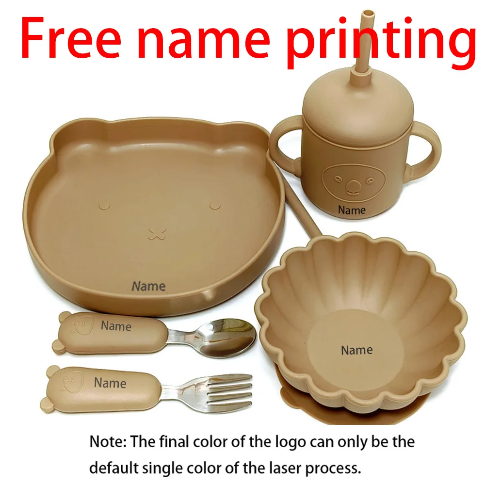 

Free Name Printing Silicone Children's Tableware Feeding Bowl Silicone Fork Spoon Plate Cup Meal Training Holiday Gift