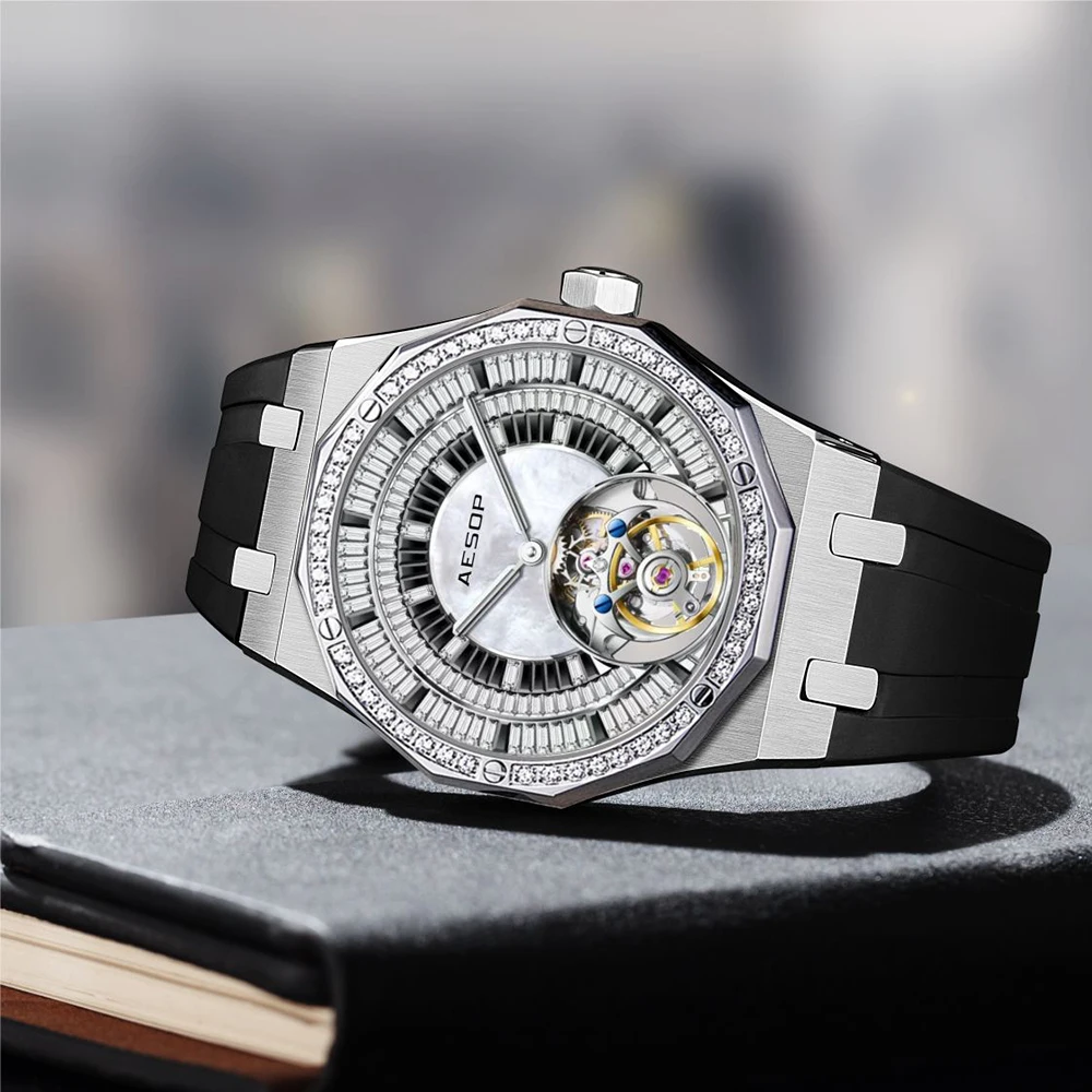 AESOP Automatic Tourbillon Mechanical Skeleton Watch For Man Watches Waterproof Wristwatches Sapphire Mirror Diamond luxury new