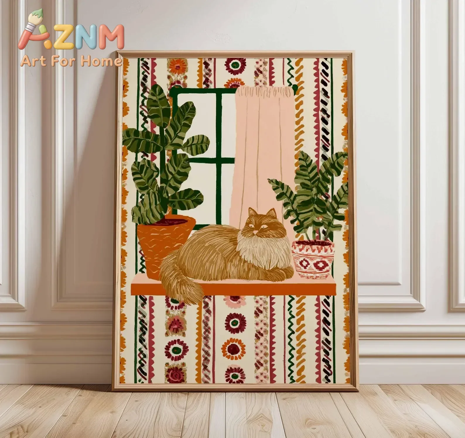 AZNM Boho Fluffy Cat Canvas Wall Art Indoor House Plants Window Sill Ethnic Pattern Frameless Print Poster for Living Room Decor