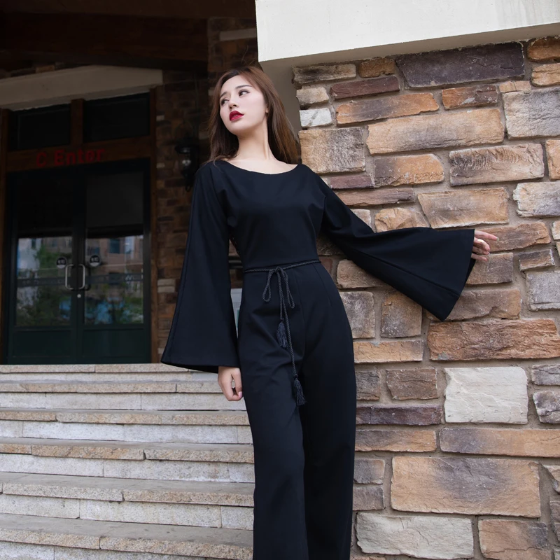 

Ele Long Sve Jumpsuit oulder Bared Batwing Sves Wide Leg Pants round Ne All Cotton Spring Autumn Women's Outfit