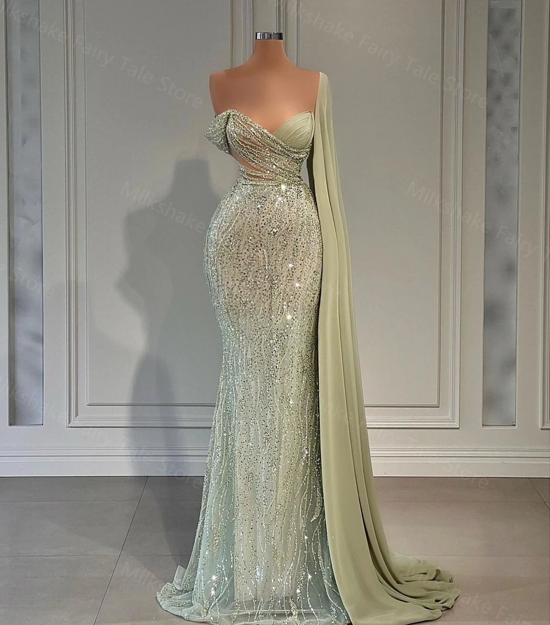 Glitter Mint Green Prom Dresses Off The Shoulder Party Formal Beads Evening GownsWith Long Shawl Sheer V Neck Wedding Dress