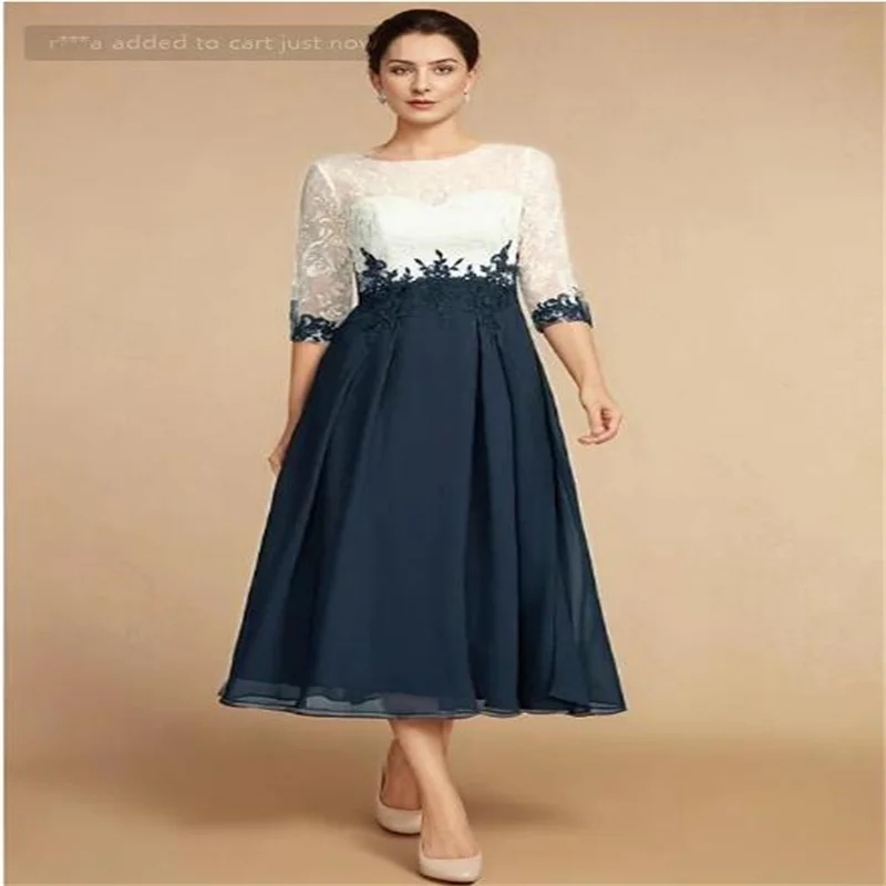 A-Line Luxury Bride Mother Wedding Dress Jewel Neck Tea Length Mother of the Bride Dress Vintage Chiffon Lace Half Sleeve 2024