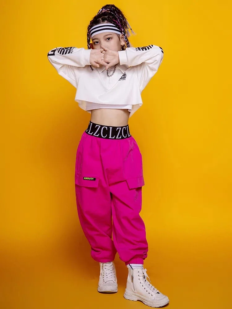 Hip Hop Mädchen Crop Top Rosa Jogger Kinder Sweatshirt Street Dance Cargo Hosen Streetwear Kleidung Sets Kind Jazz Bühne Kostüme