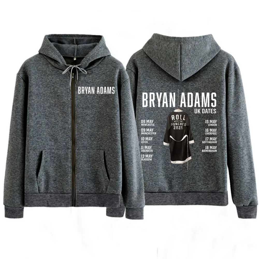 BRYAN ADAMS ROLL WITH THE PUNCHES TOUR 2025 Bluzy z kapturem na zamek błyskawiczny Męskie Damskie Moda Hip Hop Bluza Rozpinana Vintage Kurtki Płaszcze