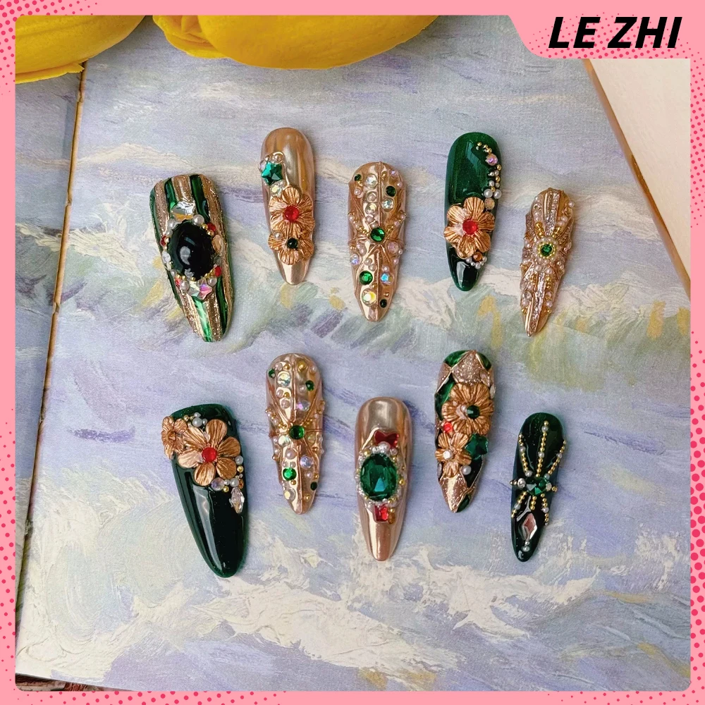 Light Luxury Flash Diamond Cat Eyes Handmade Long Coffin Stilettos Fake Nail Gold Candlestick Horse Pearl Bowknot Press On Nails
