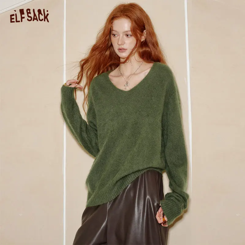 

ELFSACK 2025, осенние новые поступления, повседневный однотонный свитер с круглым вырезом большого размера, свободный вязаный топ для женщин