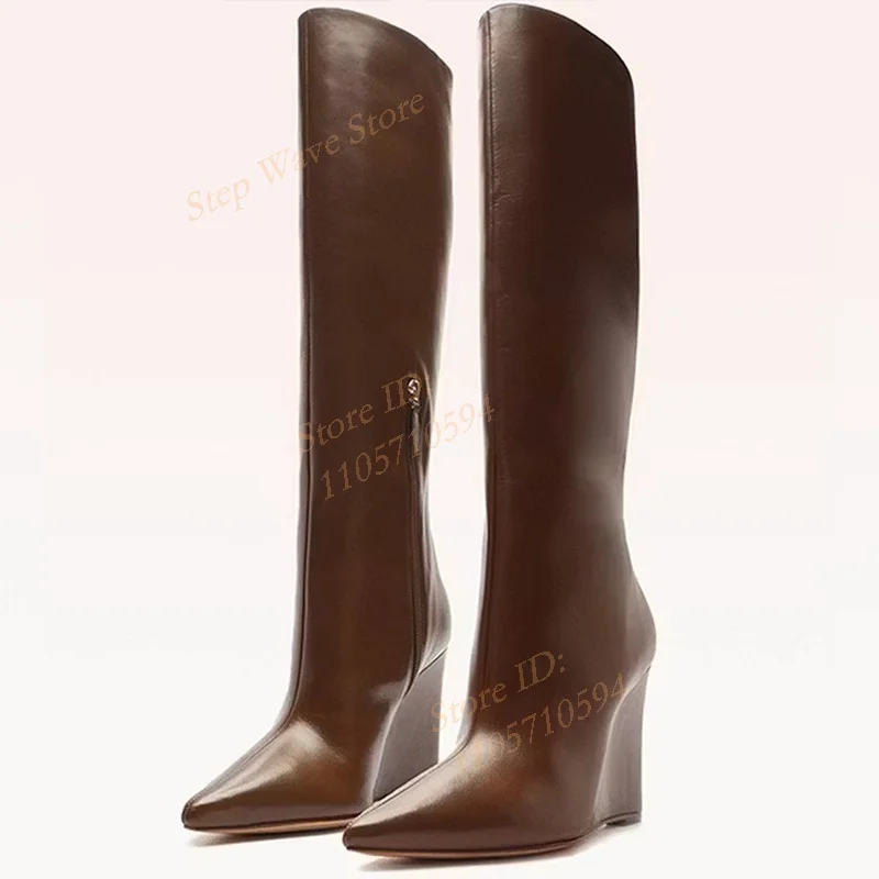 Brown Leather Wedges Knee High Boots Pointy Toe Zipper New Arrivals 2026 Winter Trending Boots Handmade Hot Sale Solid Leather