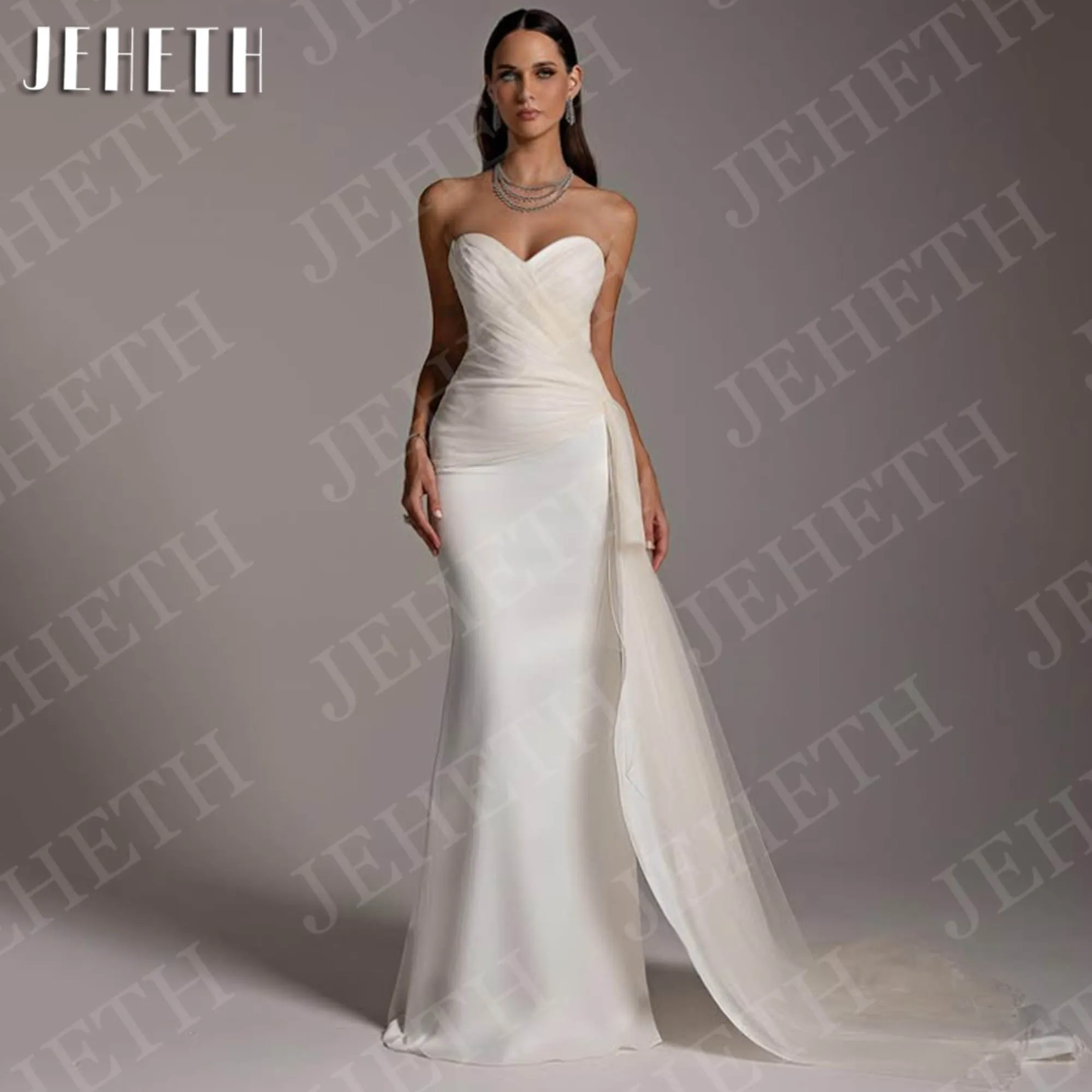 

JEHETH Mermaid Evening Dresses Sleeveless Woman Sweetheart Neck Elegant Ivory Strapless Satin Wedding Party Dress Customized
