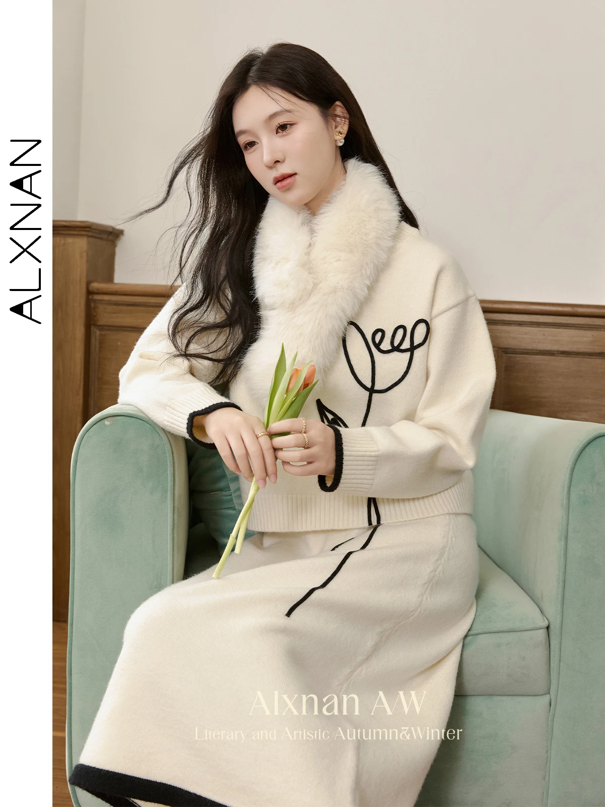 ALXNAN 여성용 살구색 스웨터 3D 튤립 자수 스웨터 크루넥 풀오버 2026 봄 캐주얼 긴팔 점퍼 L50912