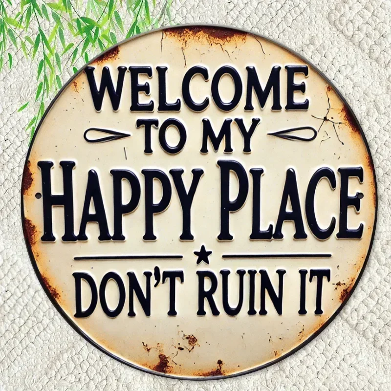 2D Welcome to My Happy Place Round Sign - Rustic Wall Art for Bedroom Kitchen