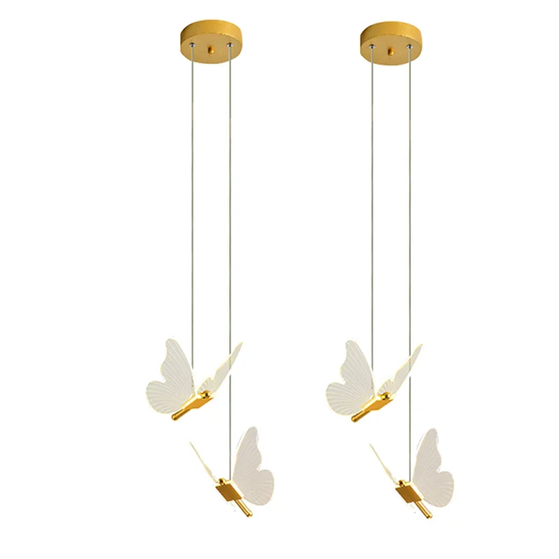 HHTL 2X Butterfly LED Pendant Lights Nordic Golden Bedside Chandelier Lighting For Living Room Bedroom Bedside Lamp B