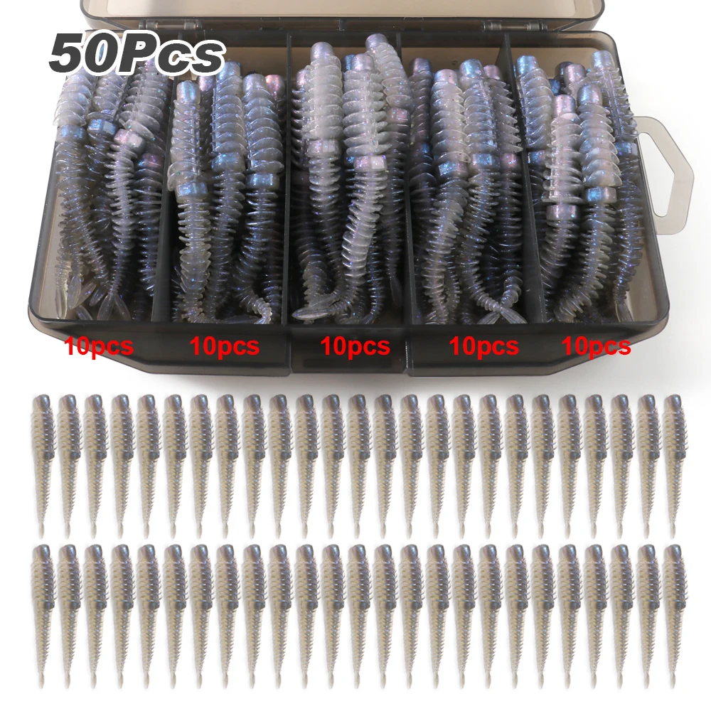 50 Stück/Box Weiche Köder 6,5cm 7,5cm 8,5cm TPE-Wurm mit Jighaken Karpfenangeln Pesca Swimbait-Ausrüstung Fischgeschmack Angelzubehör-Box Köder