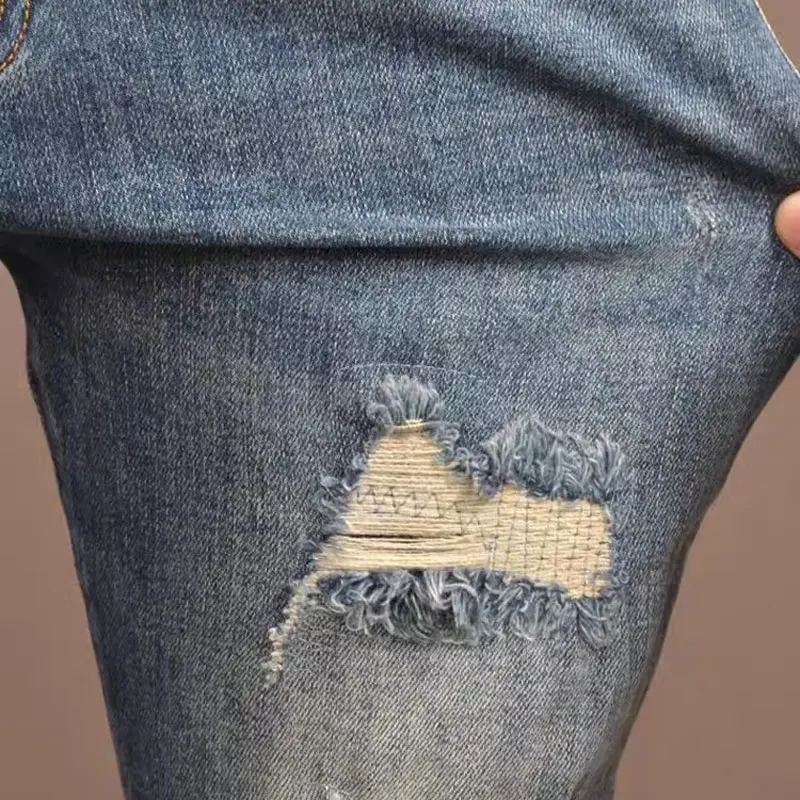 Streetwear Fashion Men Jeans Retro Blue Stretch Skinny Fit Ripped Jeans Men Patched Trousers Vintage Designer Denim Pants Hombre