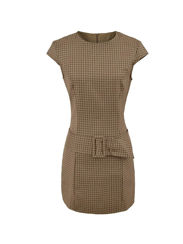Women Plaid O-neck Slim Mini Dress Short Sleeve Buckle Waist Dresses
