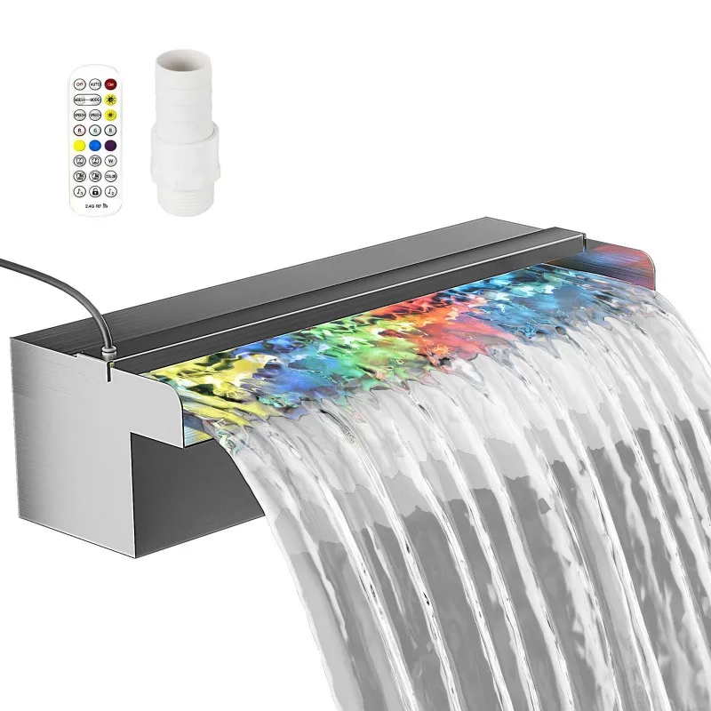 Outdoor Garden Stainless Steel Waterfall Fountain With Multicolor LED Lights For Courtyard Pool And Landscape Decor