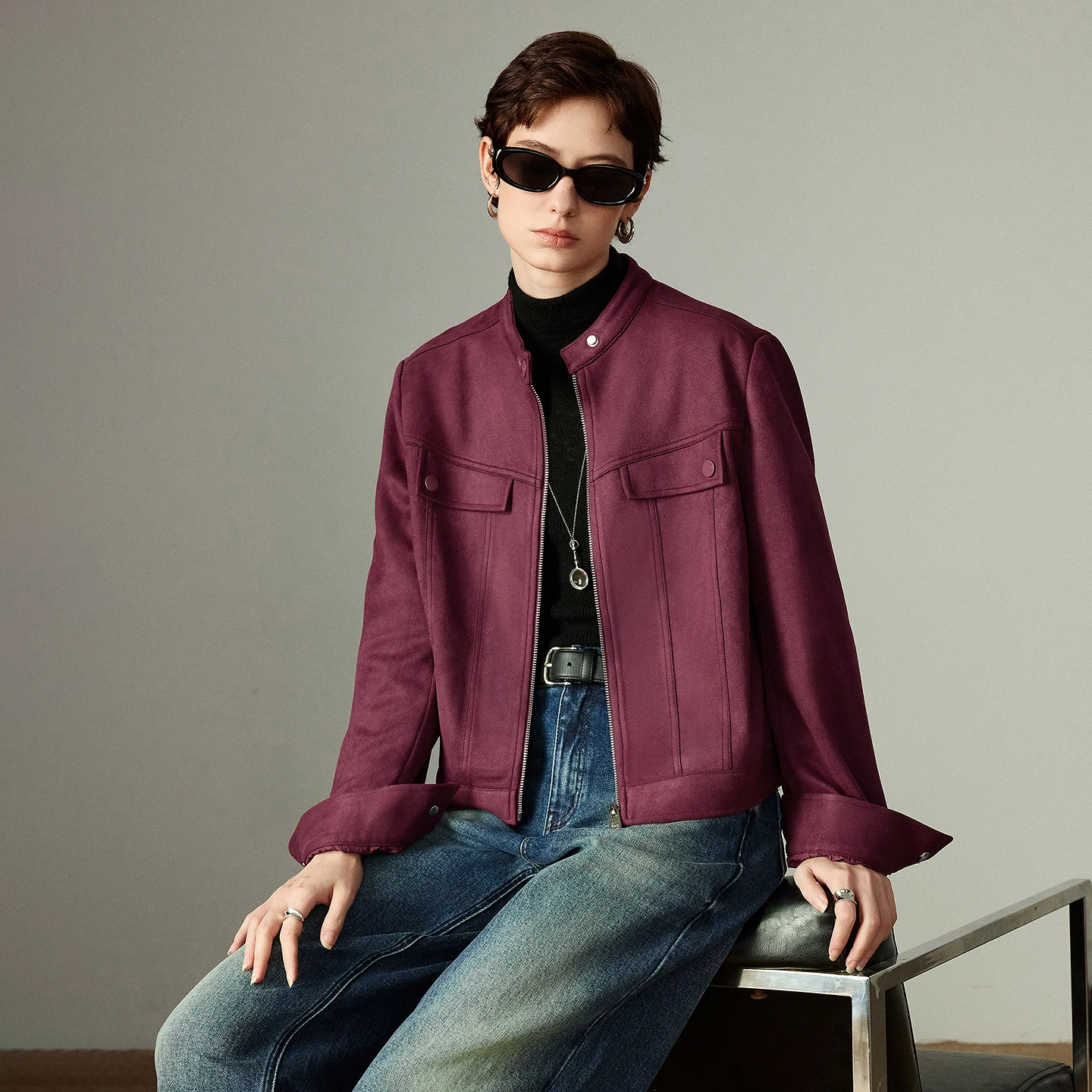 TOYOUTH Giacche da donna 2025 Inverno Nuova cerniera Colletto rialzato Capispalla retrò azzurro in pelle scamosciata