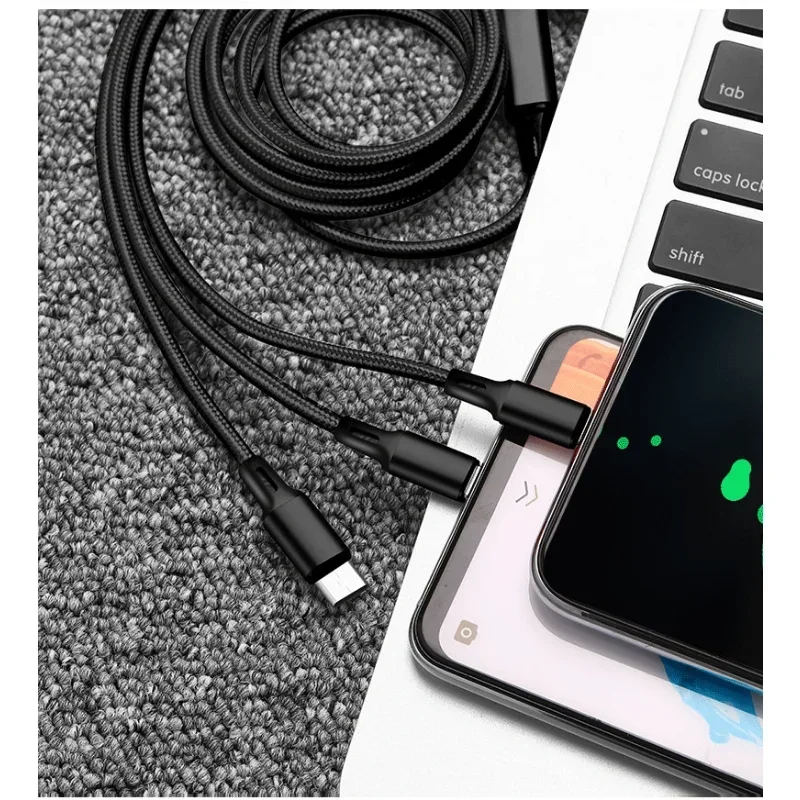Anti-Stretch Multi-Port 2a Fast Charge Mobile Phone Charging Cable Phone Parts 3-In-1 Copper Core Nylon Braided Data Cable