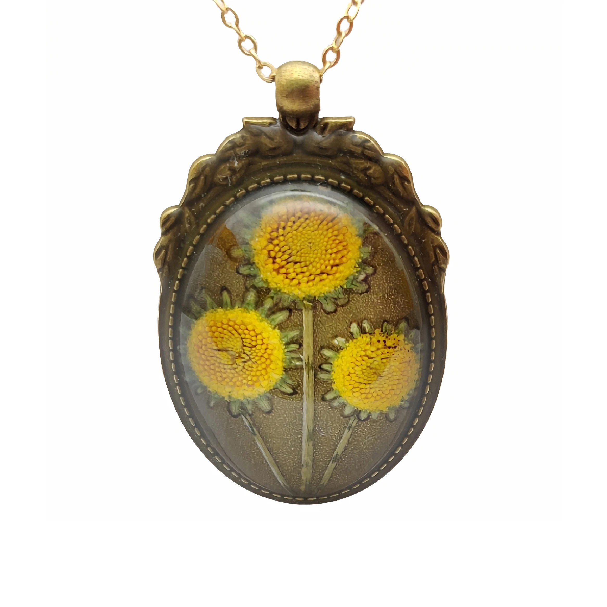 

Glass with 3 Sunflower Sunshine Daisy Pendant Gold Color Chain Necklace Women Boho Fashion Jewelry Bohemian Vintage Handmade