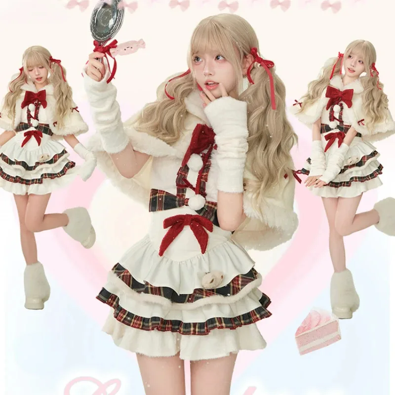 Inverno kawaii lolita vestido define feminino arco com capuz xale jaquetas curtas xadrez retalhos mini vestidos coreano natal ano novo terno