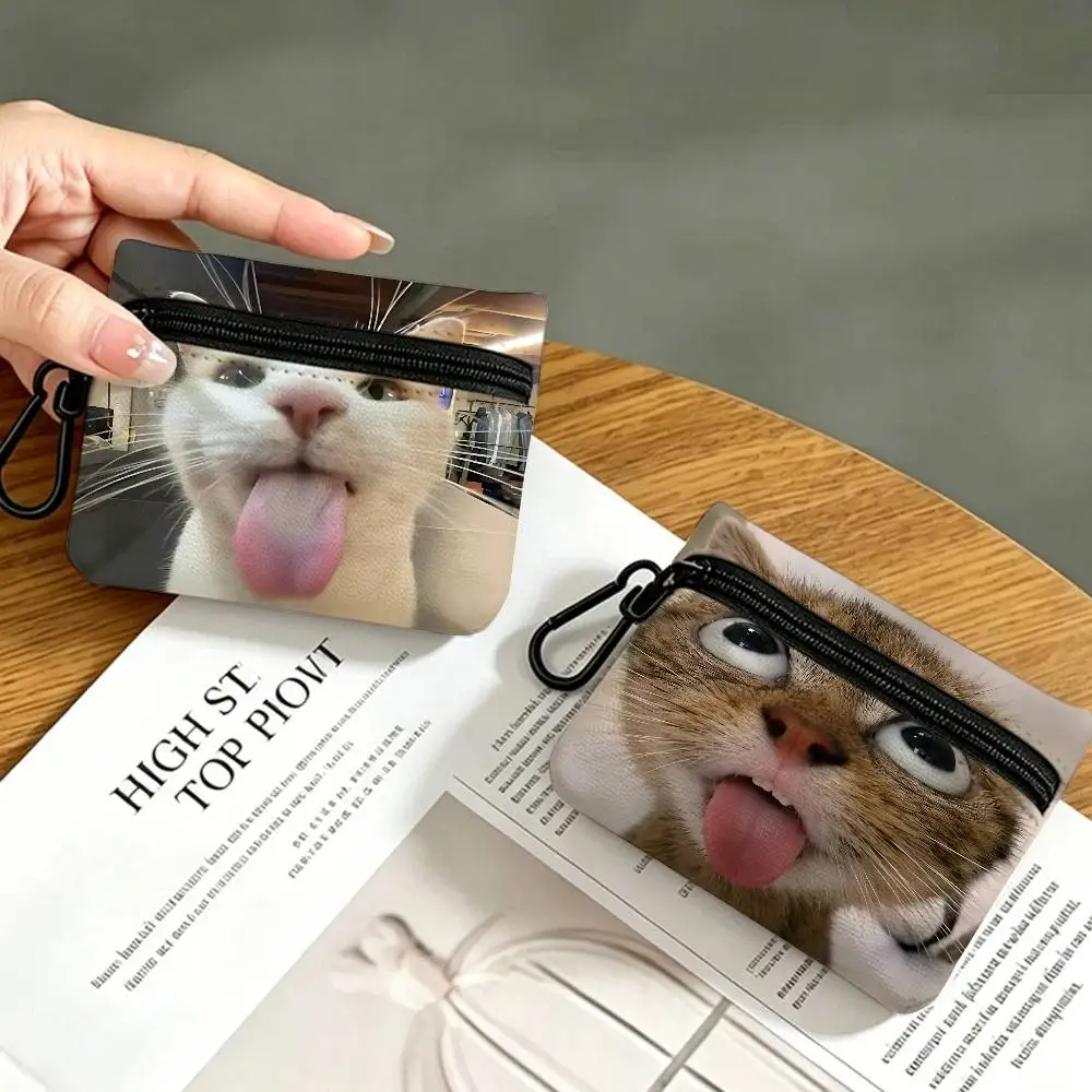 The Cat with Its Tongue Sticking Out Portable Oxford Cloth Purse Alloy Carabiner Hook Small Zipper Pouch For Backpack Belt Daily