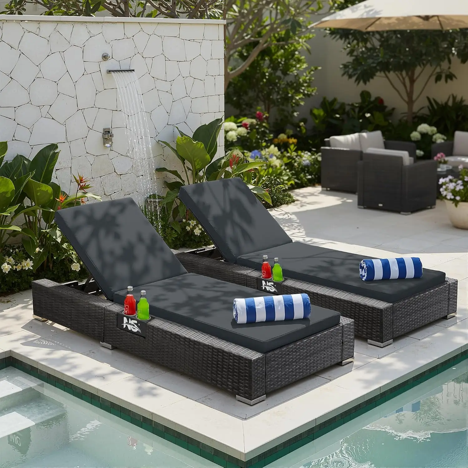 Outdoor Chaise Lounge Set 2, Adjustable 5-Position Wicker Recliner with Cushions, 500Lbs Heavy-Duty Patio , Grey, Customized