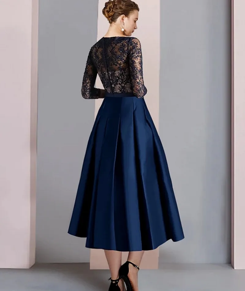 2023 Navy Blue Mother of the Bride Dress V Neck Tea Length Satin Lace Half Sleeve Bow Wedding Party Gowns Robe De Soiree