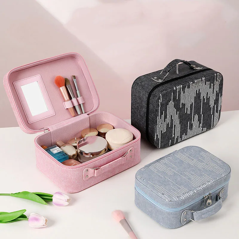 Luxury Denim Sequin Makeup Bag 2026 New Fashion Large Capacity Travel Washroom Handbags Women's Storage Cosmetic Bags