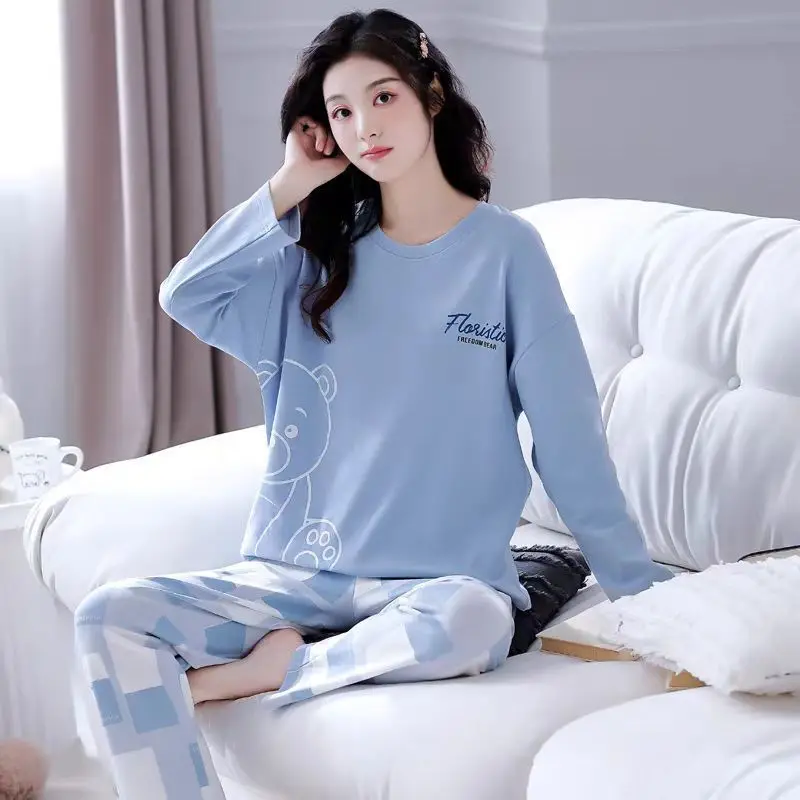 

Girl Leisure Ins Pajamas Spring Autumn Woman Sleepwear Long Sleeves Pants Loose Pure Cotton Homewear Cardigan Cartoon Sweet