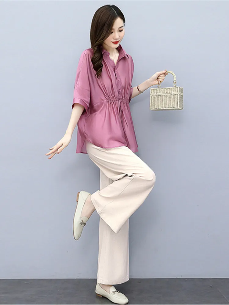 Traje de lino y algodón para mujer, traje de dos piezas con cuello vuelto, Top liso y pantalones de pierna ancha, alta calidad, 2022