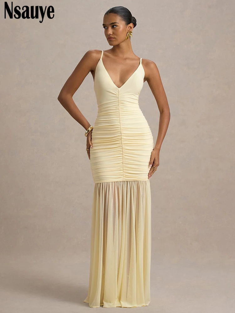 

Nsauye 2025 г., пикантное элегантное женское плиссированное платье на бретельках для ночного клуба, женская летняя одежда, вечернее модное платье с рюшами, наряды