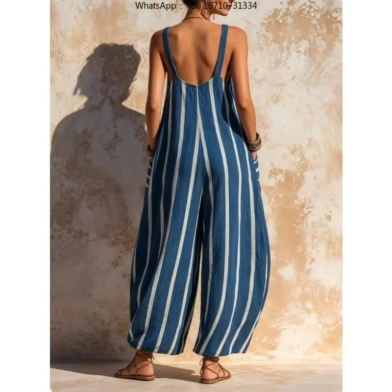 Women Striped Linen Jumpsuit Sleeveless V Neck Loose With Pockets Bohemian Summer Beach Vacation Casual Outfit
