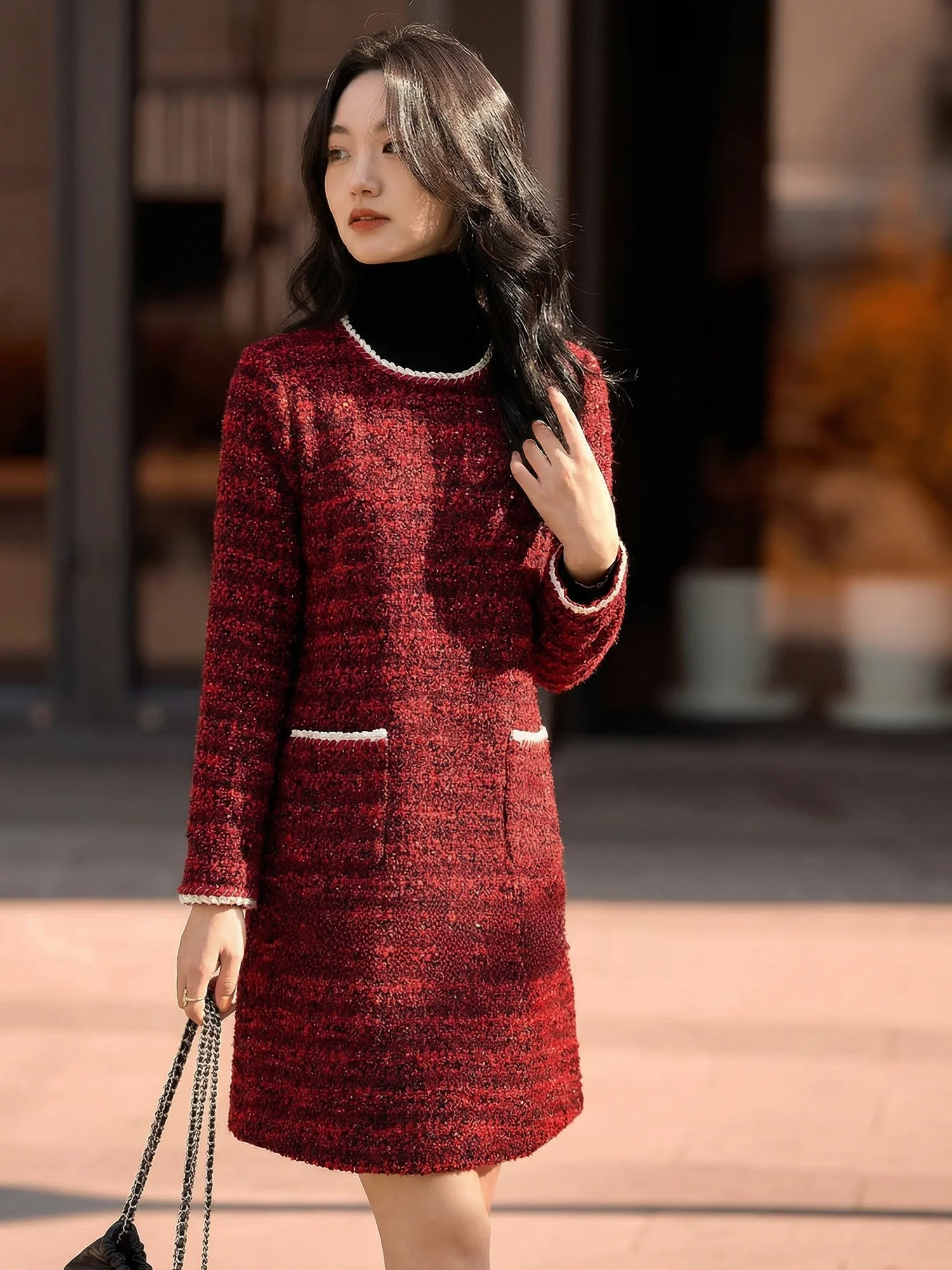 

Chivirin Luxury Wool Blend Long Sve round Ne Dr Ele Autumn Winter Faion Straight Cut Women's Dr Polyester Wo...