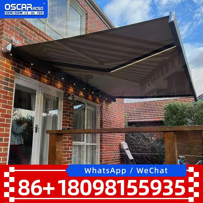 Aluminum Full Cassette Automatic Folding Awning Rainproof Retractable Arm LED Lights Canopy for Patio Garden Balcony Outdoor Use